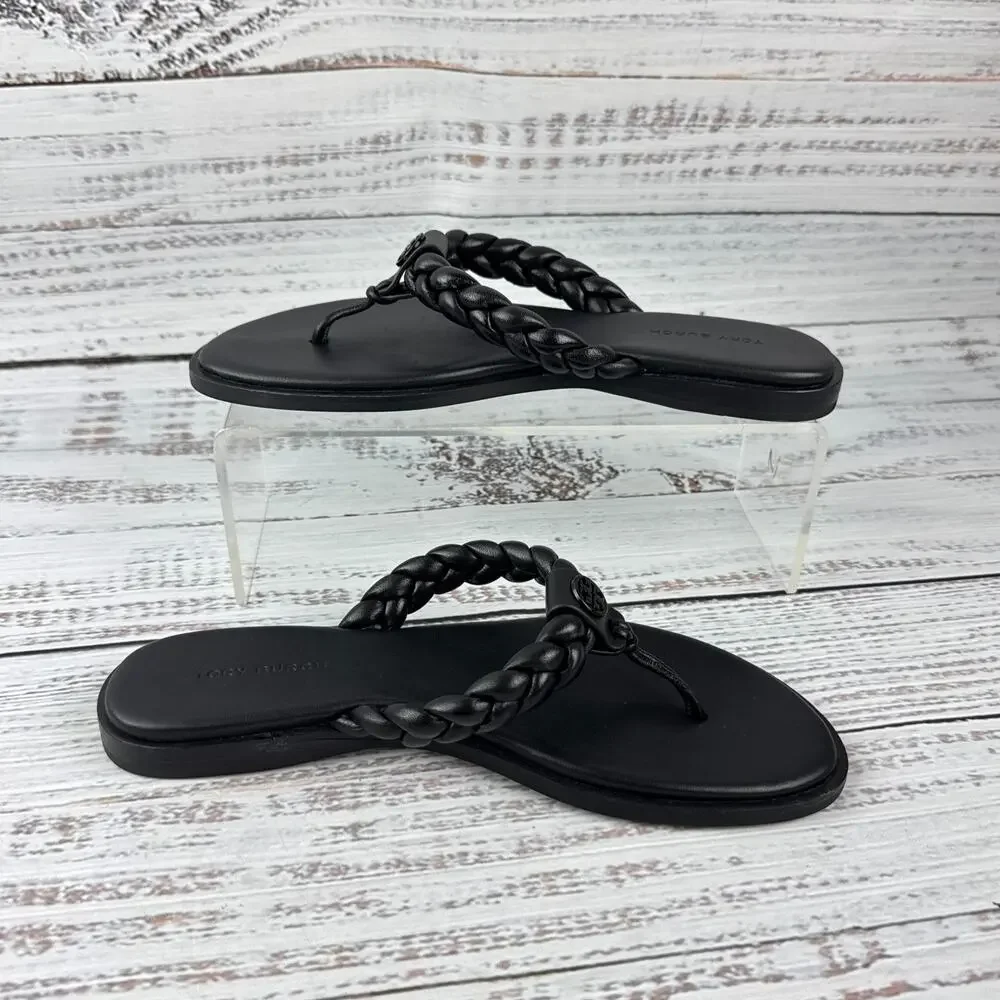 Tory Burch Braided Benton Womens US 6M Thong Sandals Black Leather